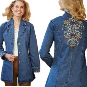 NWT Embroidered long denim jacket, stretchy